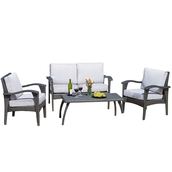 Gdf Studio Voyage Outdoor 4 Piece Gray Wicker Chat Set With Cushions