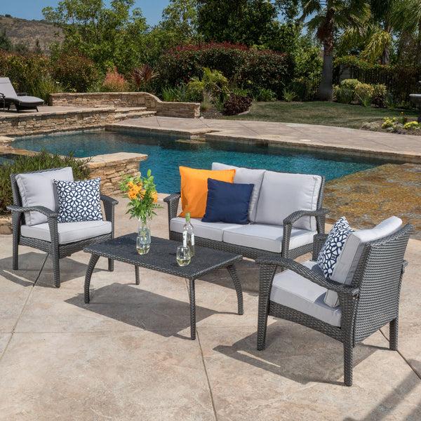gdf studio Voyage Outdoor 4 Piece Gray Wicker Chat Set with Cushions