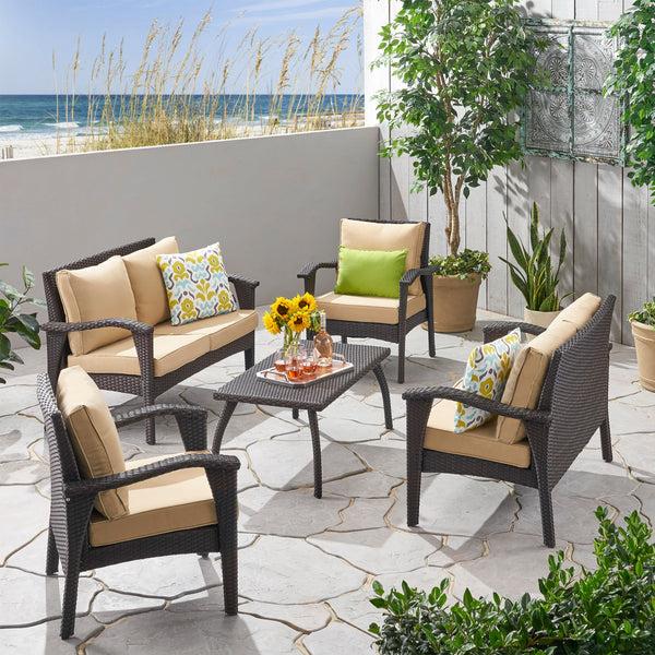Gdf Studio Voyage Outdoor 6 Seater Wicker Chat Set With Cushions