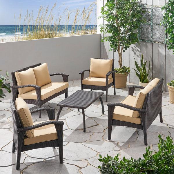Gdf Studio Voyage Outdoor 6 Seater Wicker Chat Set With Cushions