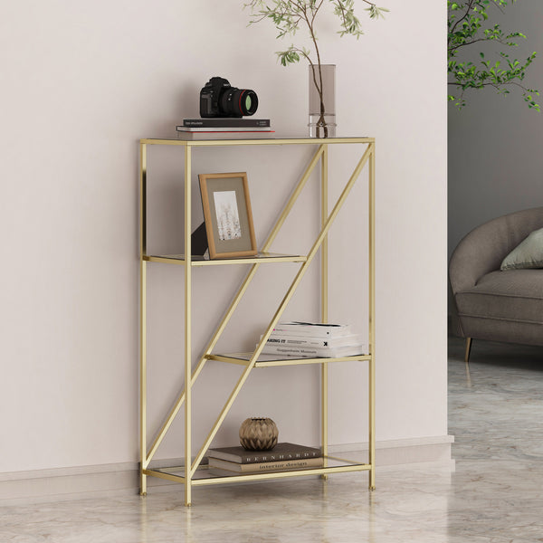 Gdf Studio Wallner Modern Glam Tempered Glass 3 Shelf Asymmetrical Bookcase Gold