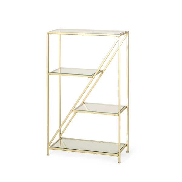 gdf studio Wallner Modern Glam Tempered Glass 3 Shelf Asymmetrical Bookcase Gold