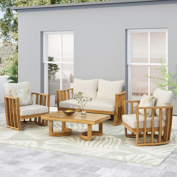 Gdf Studio Wallowa Outdoor Acacia Wood 4 Seater Chat Set With Cushions