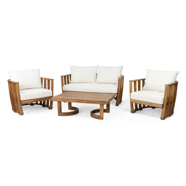 gdf studio Wallowa Outdoor Acacia Wood 4 Seater Chat Set with Cushions