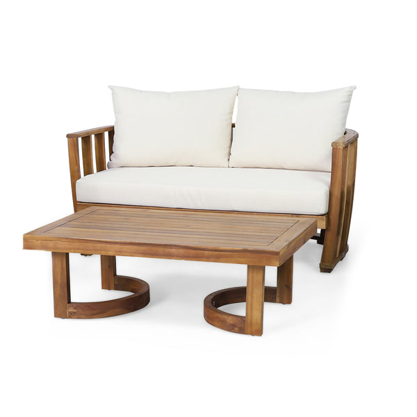 gdf studio Wallowa Outdoor Acacia Wood Loveseat and Coffee Table Set with Cushions Teak Beige