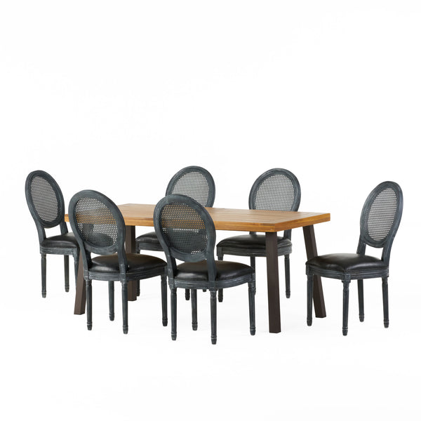 Gdf Studio Warbler Farmhouse Faux Leather Upholstered Wood And Rattan 7 Piece Dining Set Natural Midnight Black And Gray