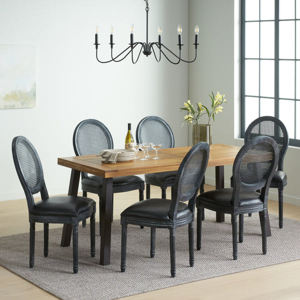 gdf studio Warbler Farmhouse Faux Leather Upholstered Wood and Rattan 7 Piece Dining Set Natural Midnight Black and Gray