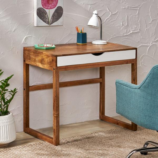 Gdf Studio Warrenton Ricketson Contemporary Handcrafted Mango Wood Desk With Storage Natural And White