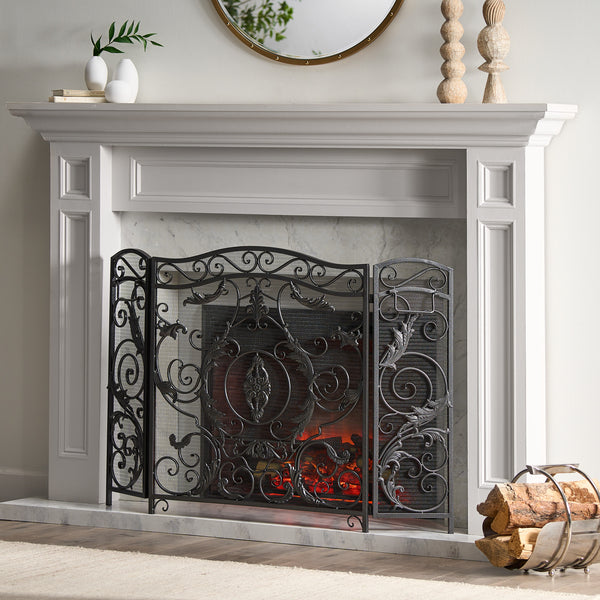 Gdf Studio Waterbury Traditional Iron Fireplace Screen Silver On Black