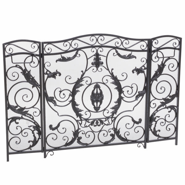 gdf studio Waterbury Traditional Iron Fireplace Screen Silver on Black