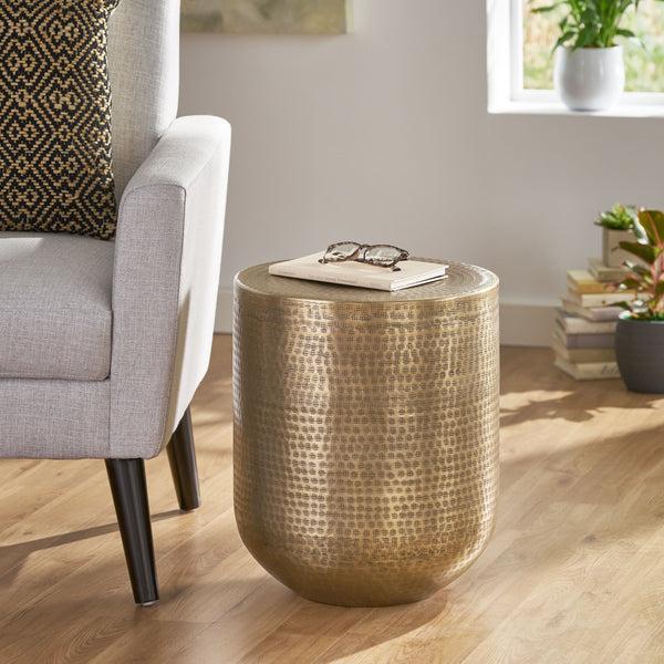 Gdf Studio Weichman Handcrafted Boho Aluminum Drum Side Table Aged Brass