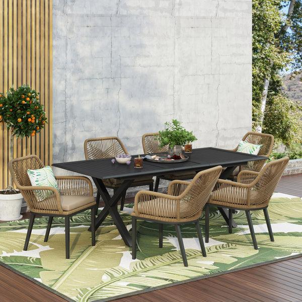 Gdf Studio Westara Outdoor Wicker 7 Piece Dining Set With Cushion Matte Black Light Brown And Beige