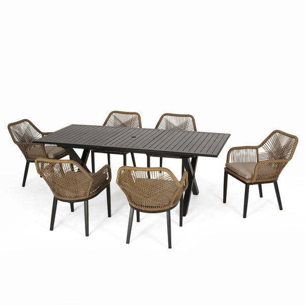 gdf studio Westara Outdoor Wicker 7 Piece Dining Set with Cushion Matte Black Light Brown and Beige