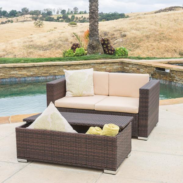 Gdf Studio Westlake Outdoor Brown PE Wicker Loveseat & Ottoman Set