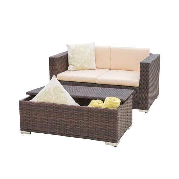gdf studio Westlake Outdoor Brown PE Wicker Loveseat & Ottoman Set