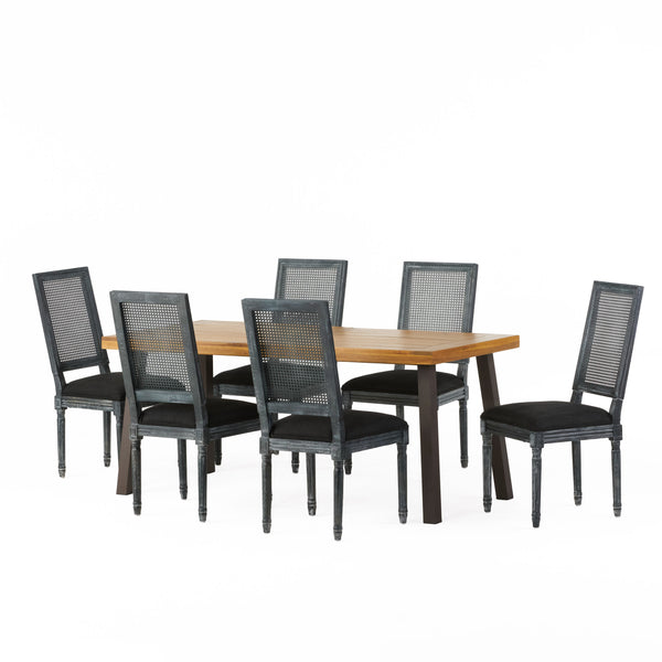 Gdf Studio Whitten Farmhouse Fabric Upholstered Wood And Cane 7 Piece Dining Set