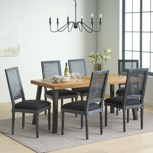 Gdf Studio Whitten Farmhouse Fabric Upholstered Wood And Cane 7 Piece Dining Set