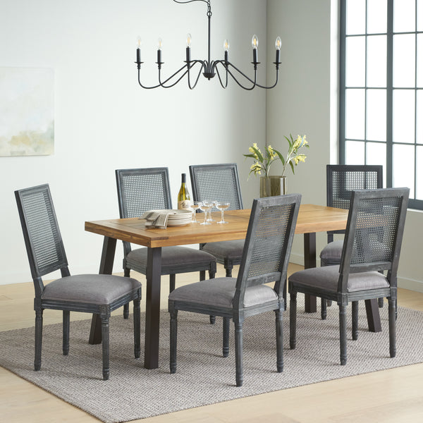gdf studio Whitten Farmhouse Fabric Upholstered Wood and Cane 7 Piece Dining Set