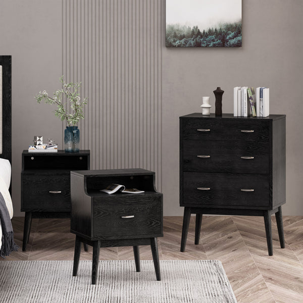 gdf studio Wilbur Mid Century Wooden 3 Piece 3 Drawer Dresser and Nightstand Bedroom Set