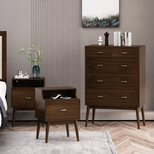 gdf studio Wilbur Mid Century Wooden 3 Piece 5 Drawer Dresser and Nightstand Bedroom Set