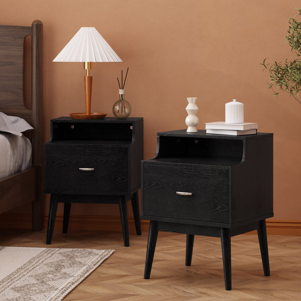 Gdf Studio Wilbur Mid Century Wooden Nightstands With Hutch Set Of 2