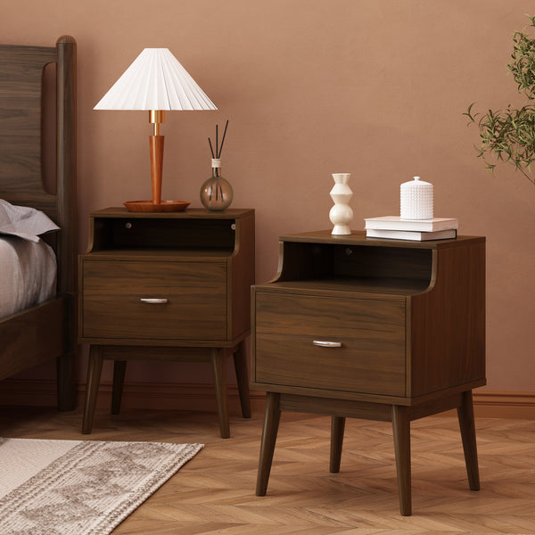 gdf studio Wilbur Mid Century Wooden Nightstands with Hutch Set of 2