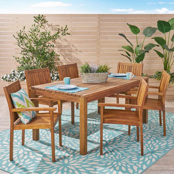 Gdf Studio Will Outdoor 7 Piece Acacia Dining Set Teak Finish