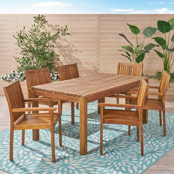 Gdf Studio Will Outdoor 7 Piece Acacia Dining Set Teak Finish