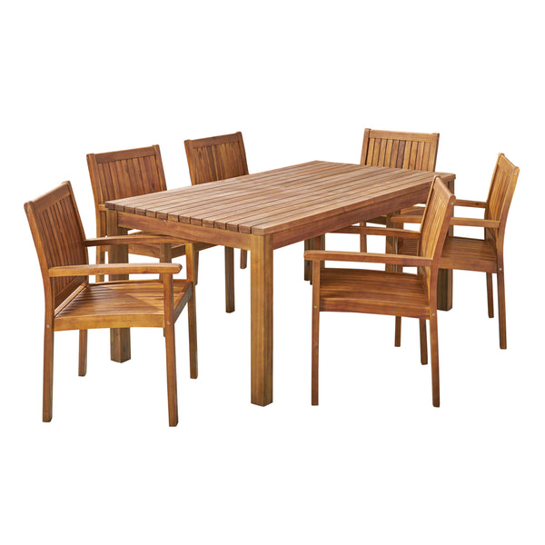 gdf studio Will Outdoor 7 Piece Acacia Dining Set Teak Finish