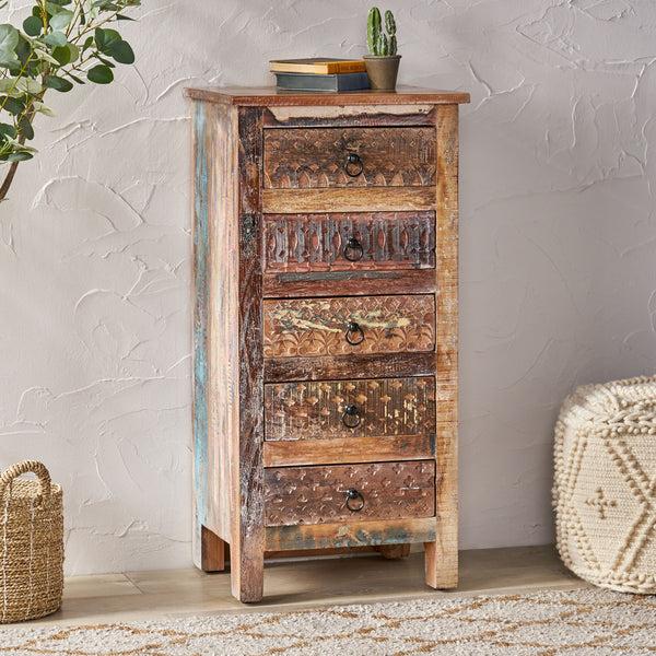 Gdf Studio Willards Boho Handmade Reclaimed Wood 5 Drawer Chest Multicolored And Natural
