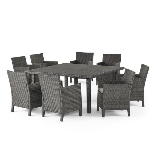 gdf studio Winford Outdoor 9 Piece Wicker Dining Set with Water Resistant Cushions