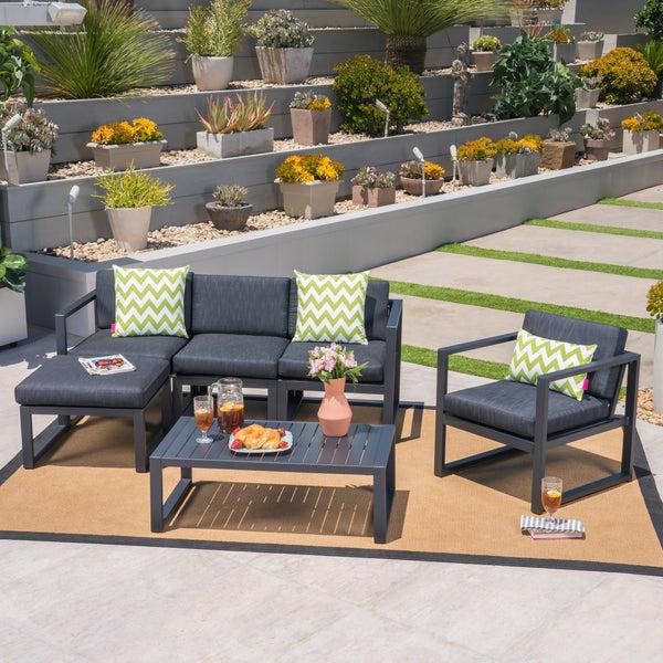 Gdf Studio Wos Outdoor 4-Seater Aluminum Sofa Set With Ottoman And Coffee Table Black And Dark Gray