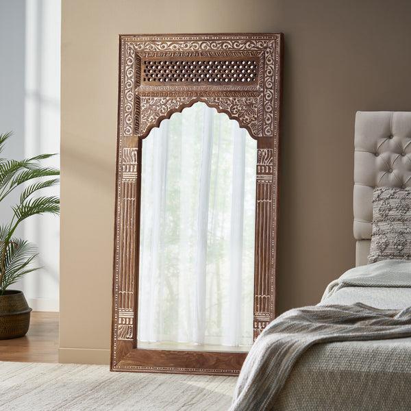Gdf Studio Wyola Traditional Handcrafted Mango Wood Carved Full Length Standing Mirror