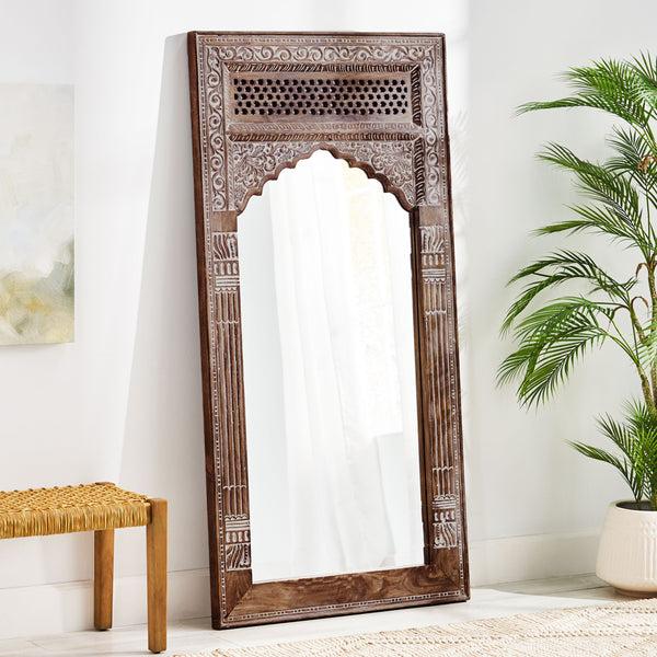 Gdf Studio Wyola Traditional Handcrafted Mango Wood Carved Full Length Standing Mirror