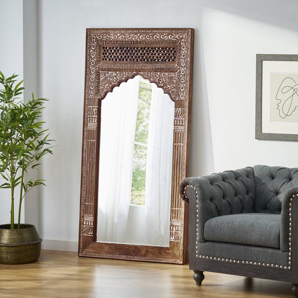 gdf studio Wyola Traditional Handcrafted Mango Wood Carved Full Length Standing Mirror