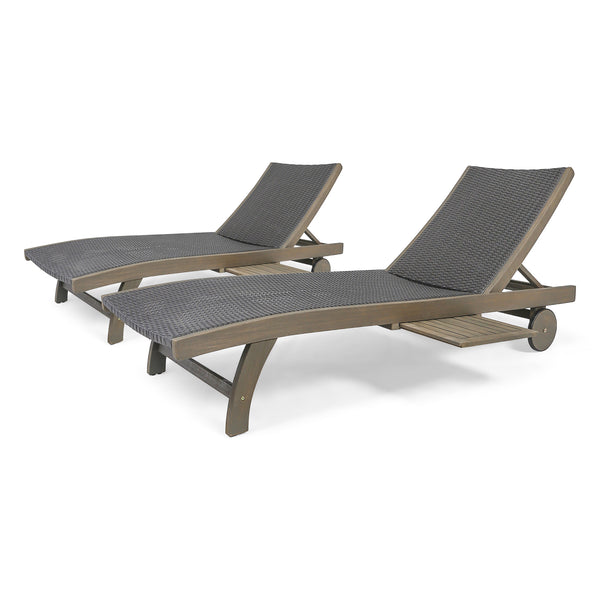 Gdf Studio Yedda Outdoor Wicker And Wood Chaise Lounge With Pull-Out Tray