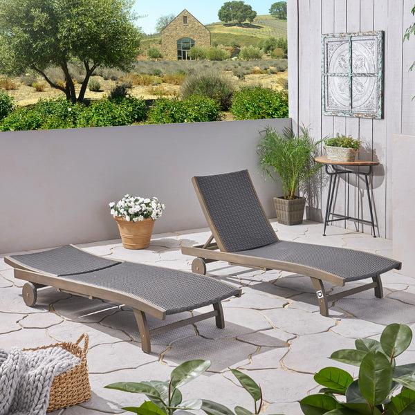 Gdf Studio Yedda Outdoor Wicker And Wood Chaise Lounge With Pull-Out Tray
