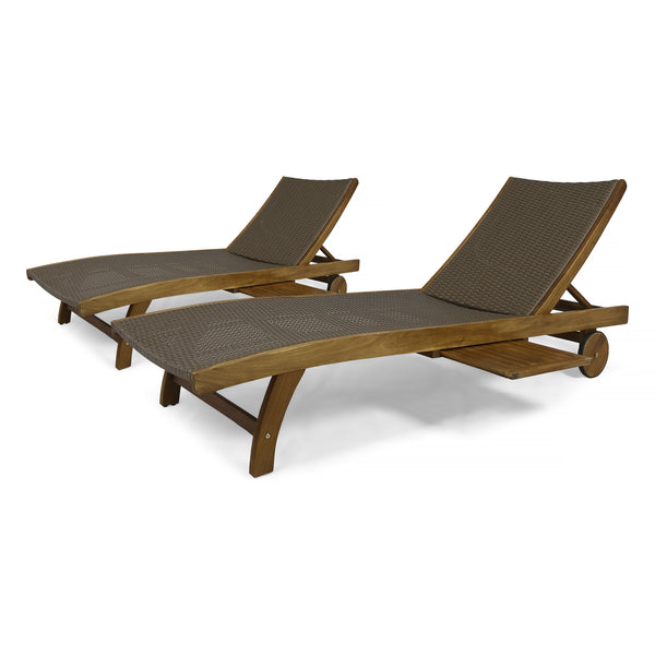 gdf studio Yedda Outdoor Wicker and Wood Chaise Lounge with Pull-Out Tray