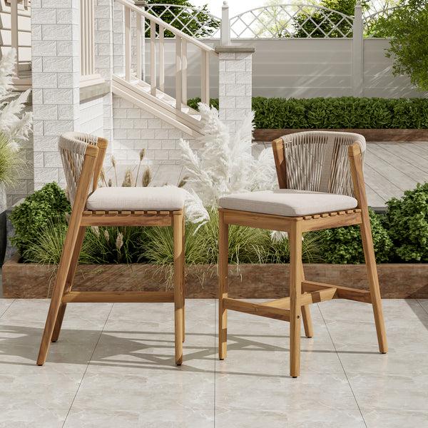 Gdf Studio Ylisora Outdoor Barstool Teak Finished Wood With Beige Cushion Set Of 2