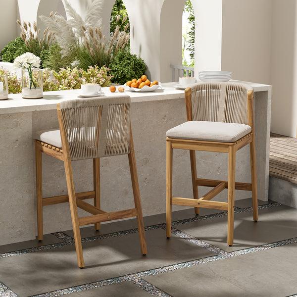 Gdf Studio Ylisora Outdoor Barstool Teak Finished Wood With Beige Cushion Set Of 2