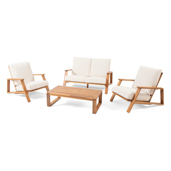 Gdf Studio Youssef Outdoor Acacia Wood 4 Seater Chat Set With Cushions