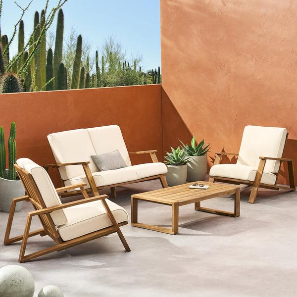 gdf studio Youssef Outdoor Acacia Wood 4 Seater Chat Set with Cushions