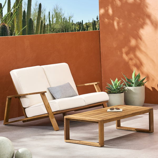 gdf studio Youssef Outdoor Acacia Wood Loveseat Set with Coffee Table