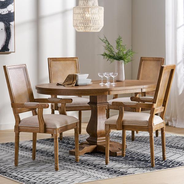 Gdf Studio Zentner French Country Fabric Upholstered Wood And Cane 5 Piece Expandable Dining Set
