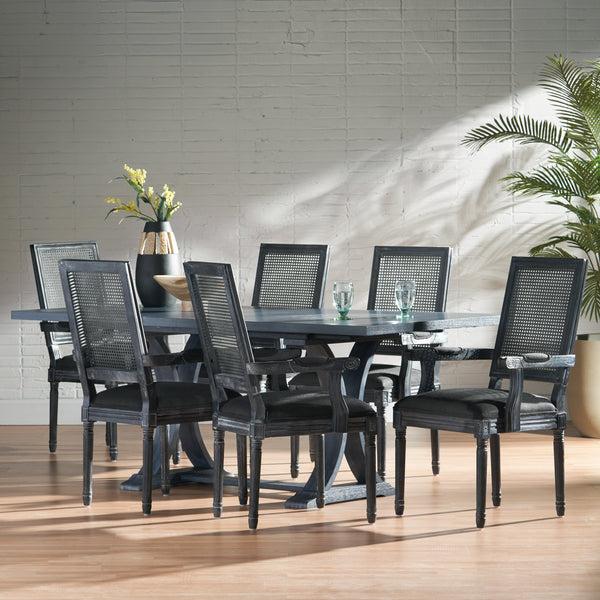 Gdf Studio Zentner French Country Fabric Upholstered Wood And Cane 7 Piece Expandable Dining Set