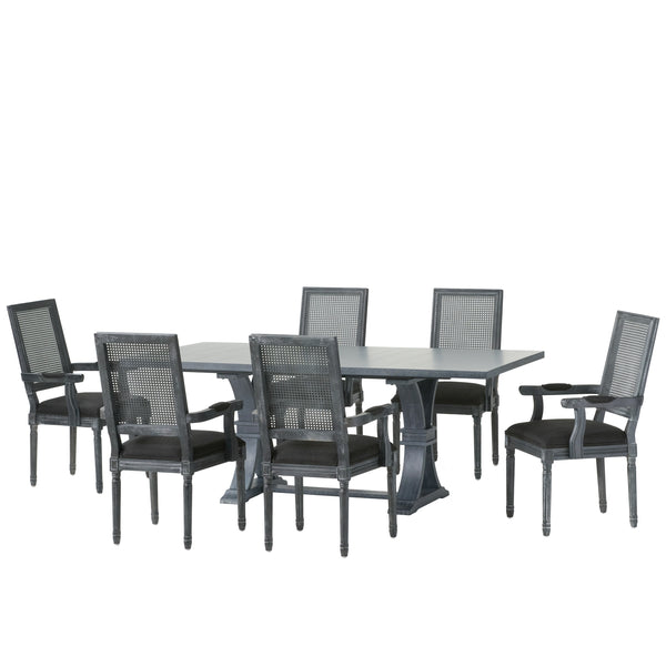 gdf studio Zentner French Country Fabric Upholstered Wood and Cane 7 Piece Expandable Dining Set