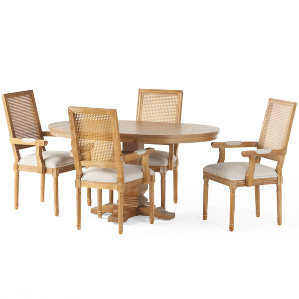 gdf studio Zentner French Country Fabric Upholstered Wood and Cane 5 Piece Expandable Dining Set