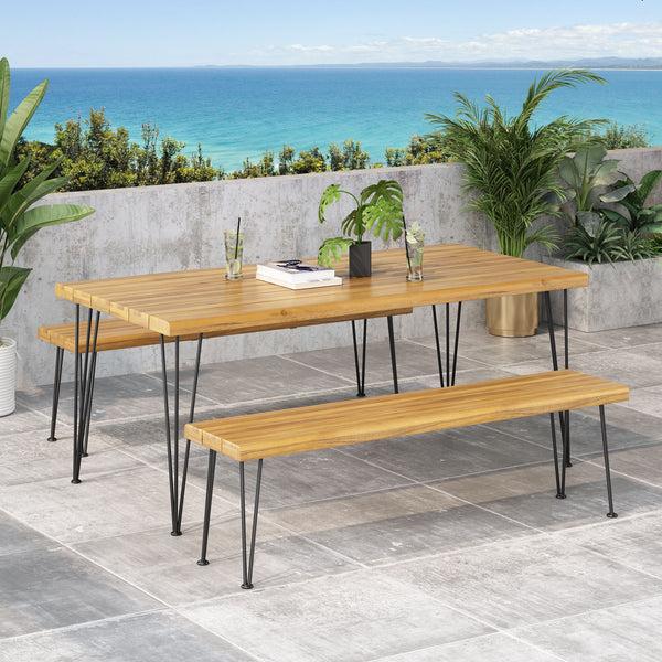 Gdf Studio Zephyra Outdoor Modern Industrial 3 Piece Acacia Wood Picnic Dining Set With Metal Hairpin Legs