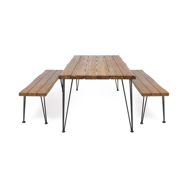 Gdf Studio Zephyra Outdoor Modern Industrial 3 Piece Acacia Wood Picnic Dining Set With Metal Hairpin Legs