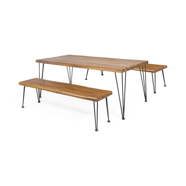 gdf studio Zephyra Outdoor Modern Industrial 3 Piece Acacia Wood Picnic Dining Set with Metal Hairpin Legs